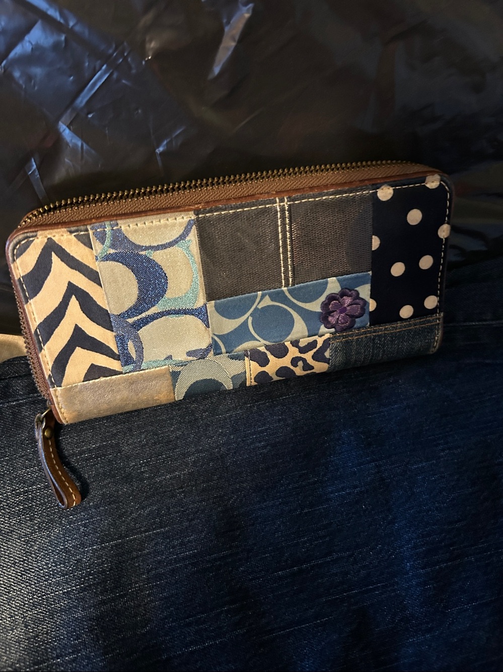 Coach Patchwork Floral Denim Zip Wallet - Blue, Purple, Tan - Picture 12 of 12